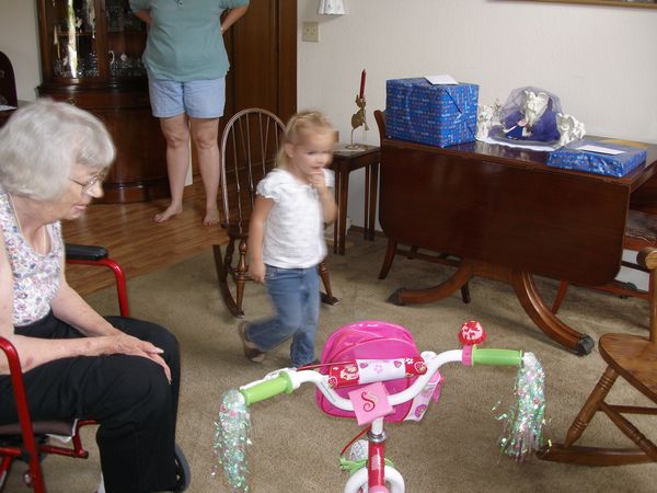 Great Grandma & Kaylin, Kaylin getting her new bike for her birthday.